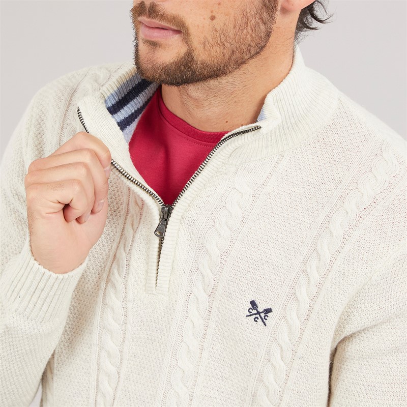Crew Clothing Mens Lambswool Rich 1/2 Zip Cable Knit Jumper Papyrus Marl