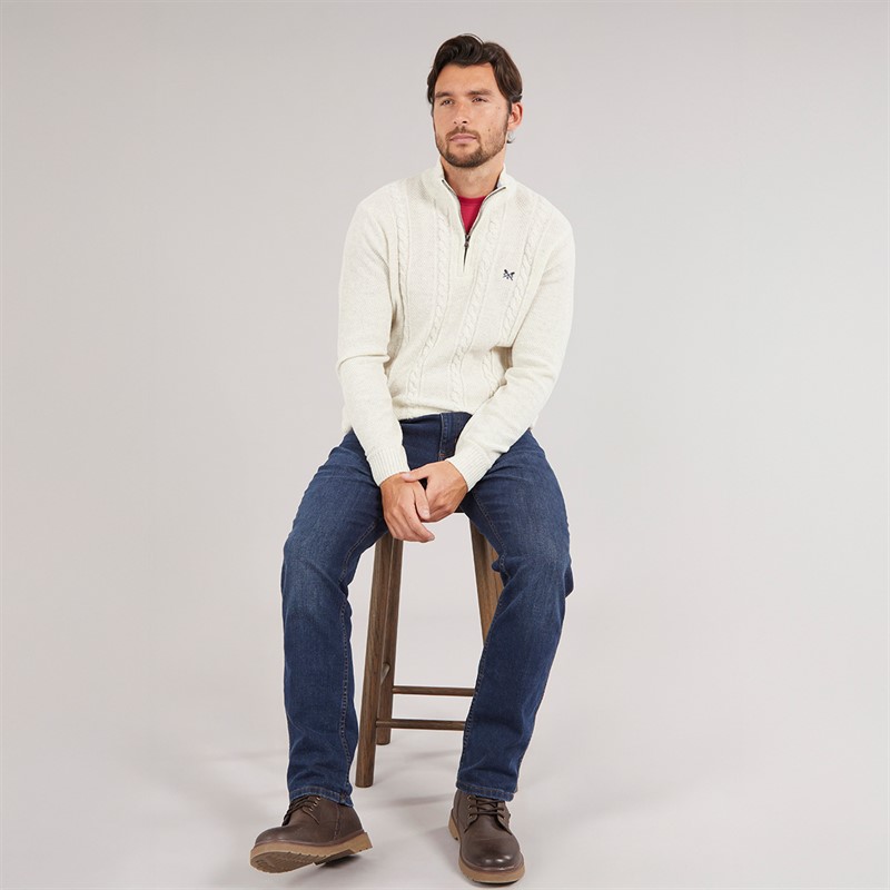 Crew Clothing Mens Lambswool Rich 1/2 Zip Cable Knit Jumper Papyrus Marl