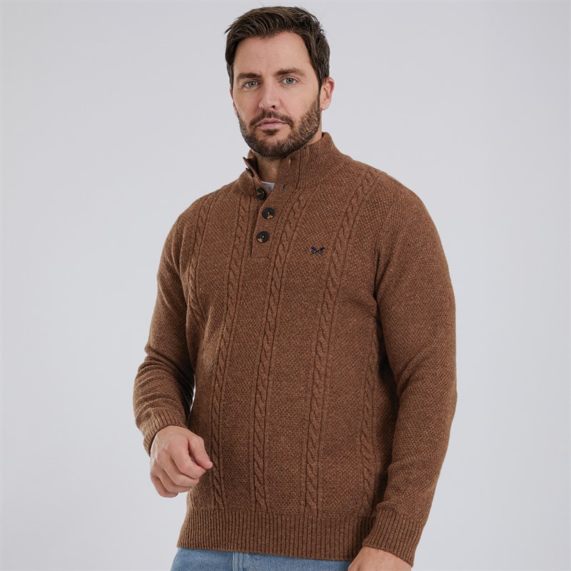 Crew Clothing Mens Lambswool Rich Button Neck Cable Knit Jumper Toasted Coconut Marl - Size S