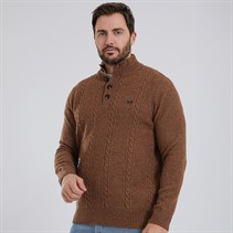 Crew Clothing Mens Lambswool Rich Button Neck Cable Knit Jumper Toasted Coconut Marl