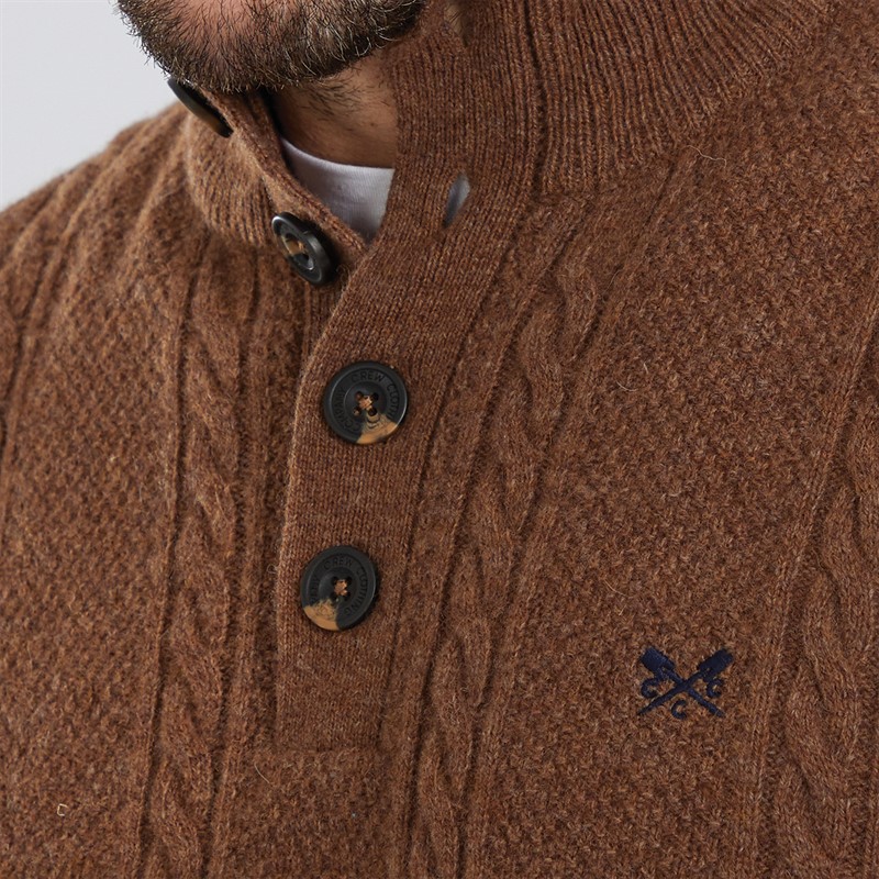 Crew Clothing Mens Lambswool Rich Button Neck Cable Knit Jumper Toasted Coconut Marl