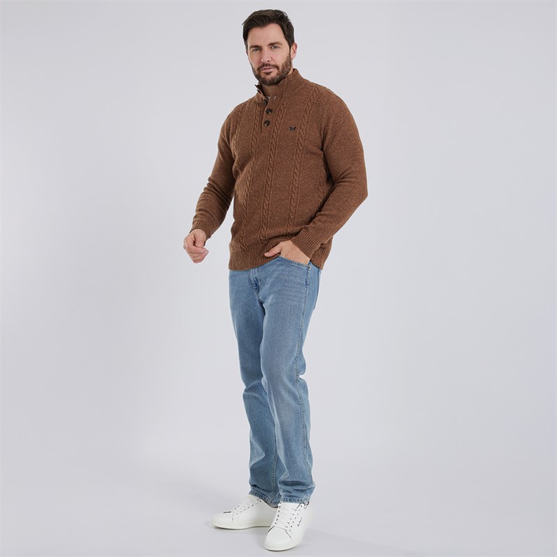 Crew Clothing Mens Lambswool Rich Button Neck Cable Knit Jumper Toasted Coconut Marl