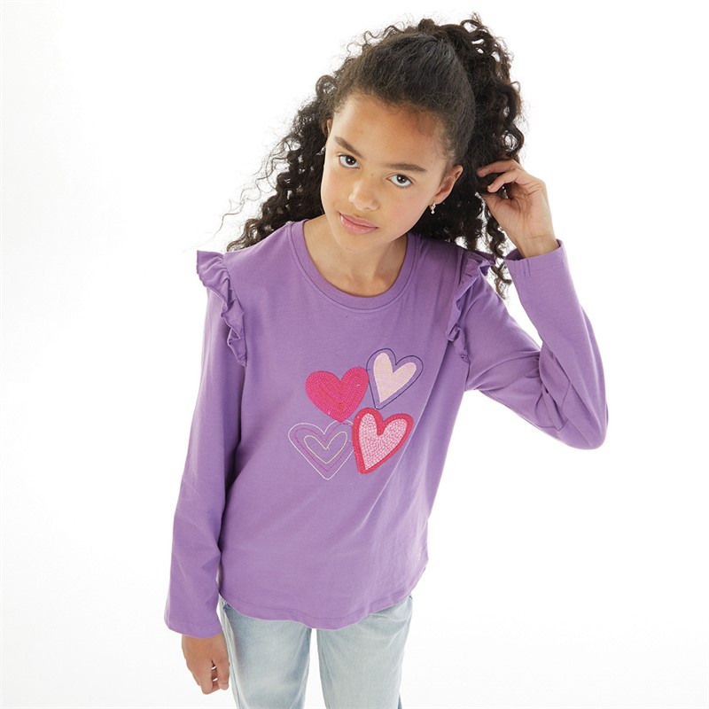 Crew Clothing Girls Heart Crochet Long Sleeve T-Shirt Purple