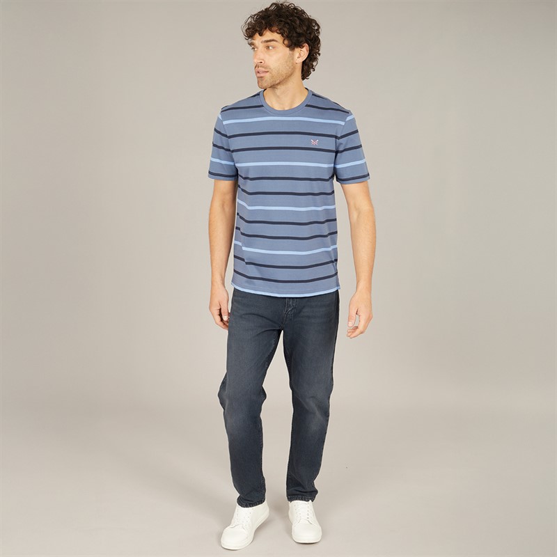 Crew Clothing Mens Stripe T-Shirt Dark Blue/Victoria Blue/White