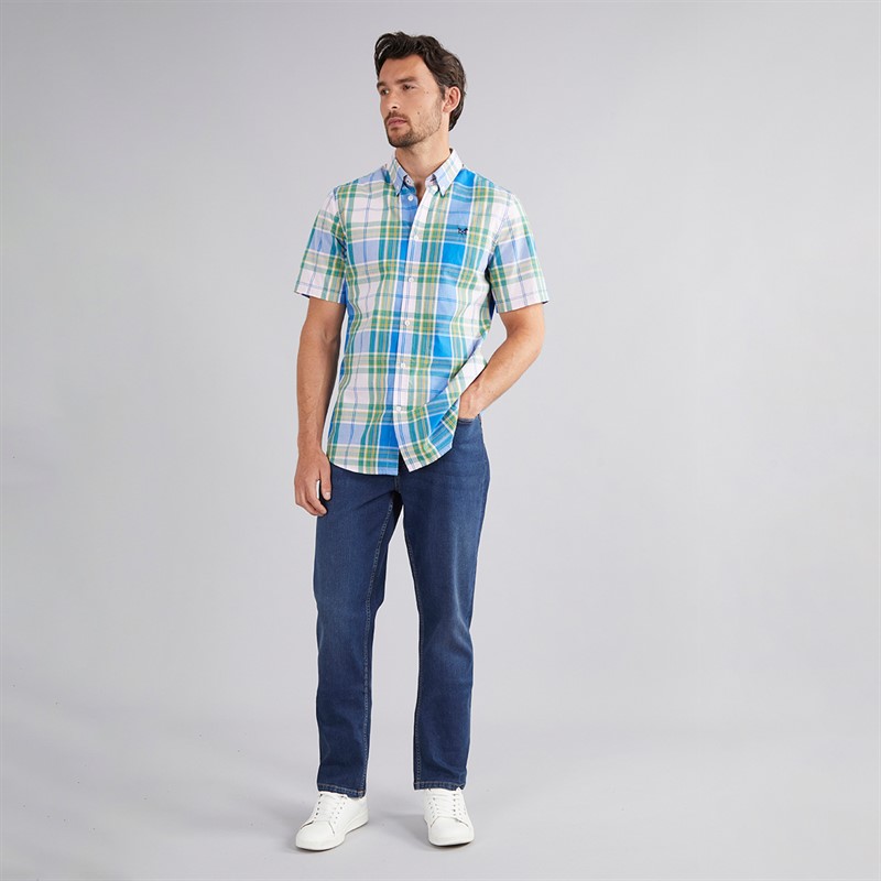 Crew Clothing Mens Short Sleeve Checked Shirt Pine Green/Cornflower/Pink Lady