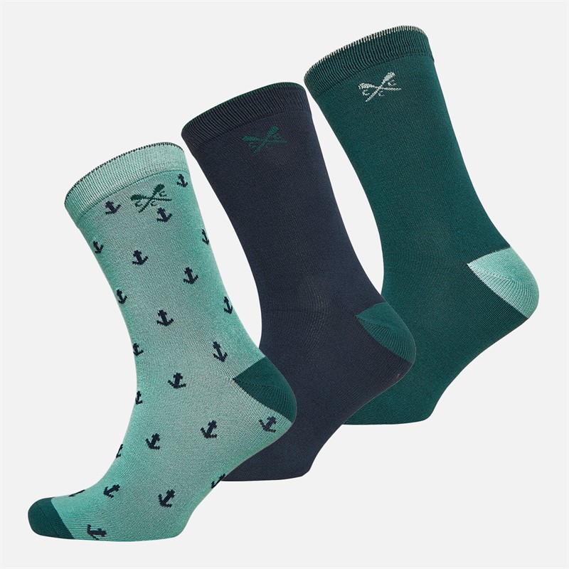 Crew Clothing Mens Three Pack Anchor Print Socks Atlantic Deep Solid/Crème De Menth Solid/Cornflower Blue Solid