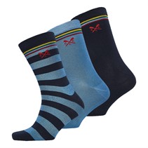 Crew Clothing Mens Three Pack Rugby Stripe Socks Navy Solid/Navy/Victoria Blue Stripe/Victoria Blue Solid