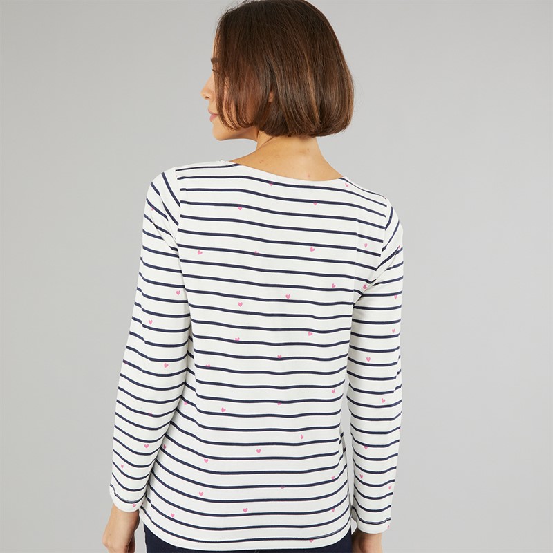 Crew Clothing Womens Heart Print Long Sleeve T-Shirt White Linen/Navy/Pink