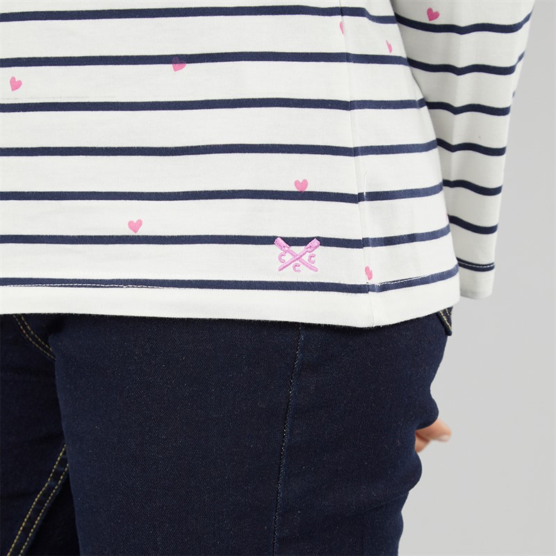 Crew Clothing Womens Heart Print Long Sleeve T-Shirt White Linen/Navy/Pink