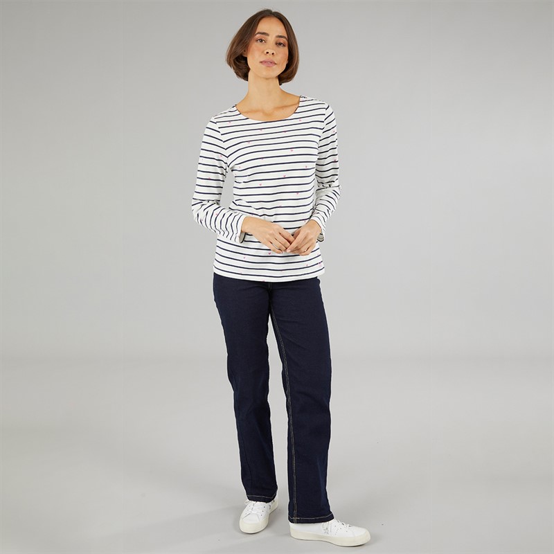 Crew Clothing Womens Heart Print Long Sleeve T-Shirt White Linen/Navy/Pink