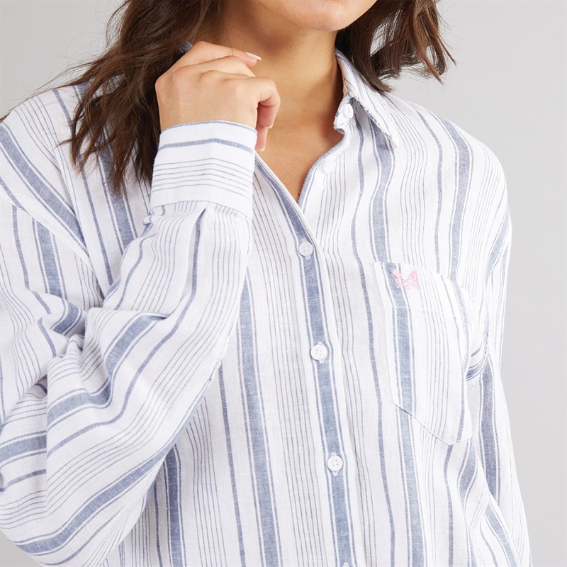 Crew Clothing Womens Linen Stripe Shirt Vintage Indigo/Optic White