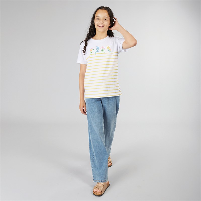 Crew Clothing Girls Graphic T-Shirt Yellow/White Enginered Stripe Graphic