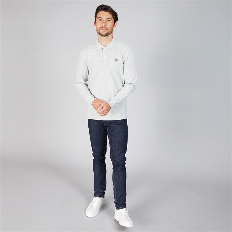 Crew Clothing Mens Long Sleeve Pique Polo Shirt Grey Marl