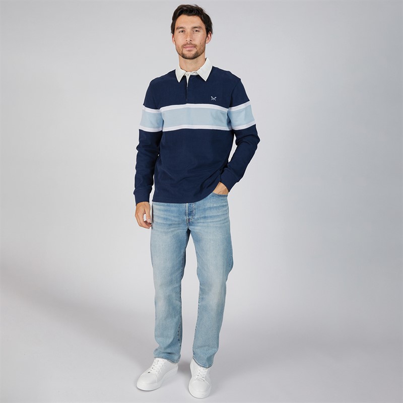 Crew Clothing Mens Flag And Anchor Patch Rugby Shirt Heritage Navy/Optic White/Cashmere Blue