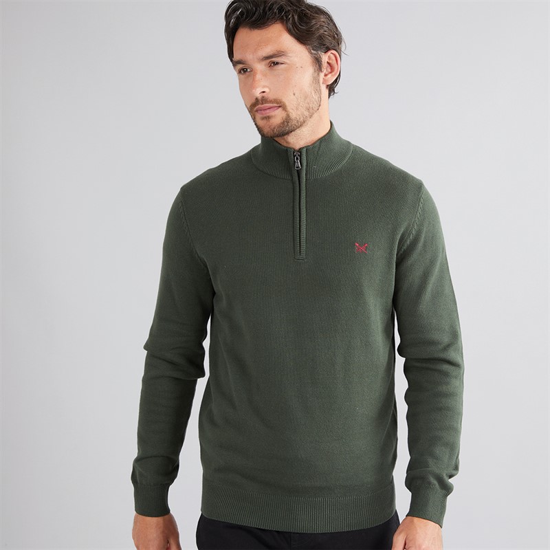 Crew Clothing Mens 1/2 Zip Neck Fine Cotton Jumper Deep Forest