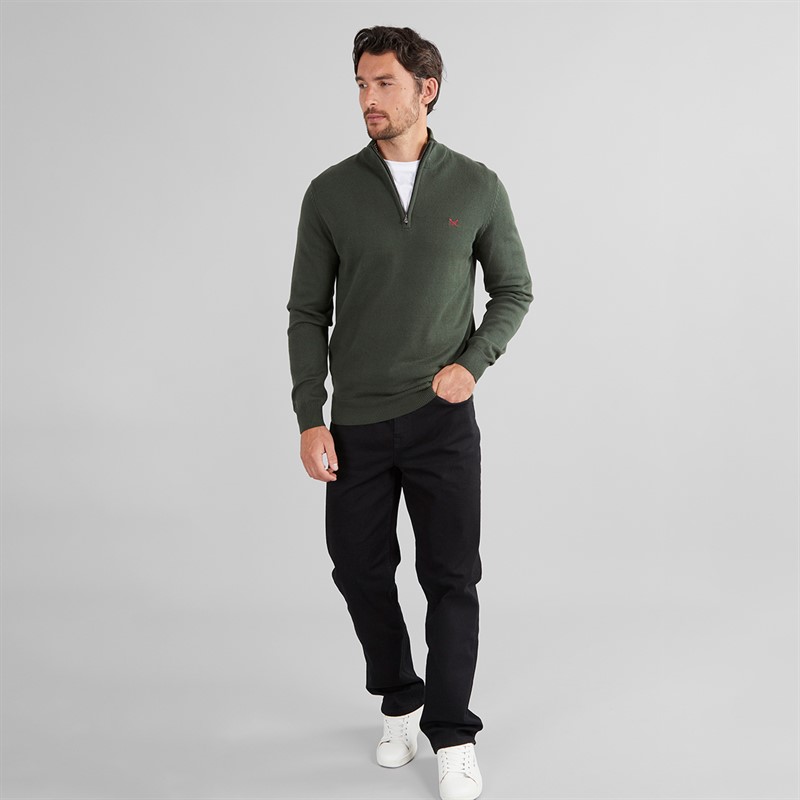 Crew Clothing Mens 1/2 Zip Neck Fine Cotton Jumper Deep Forest