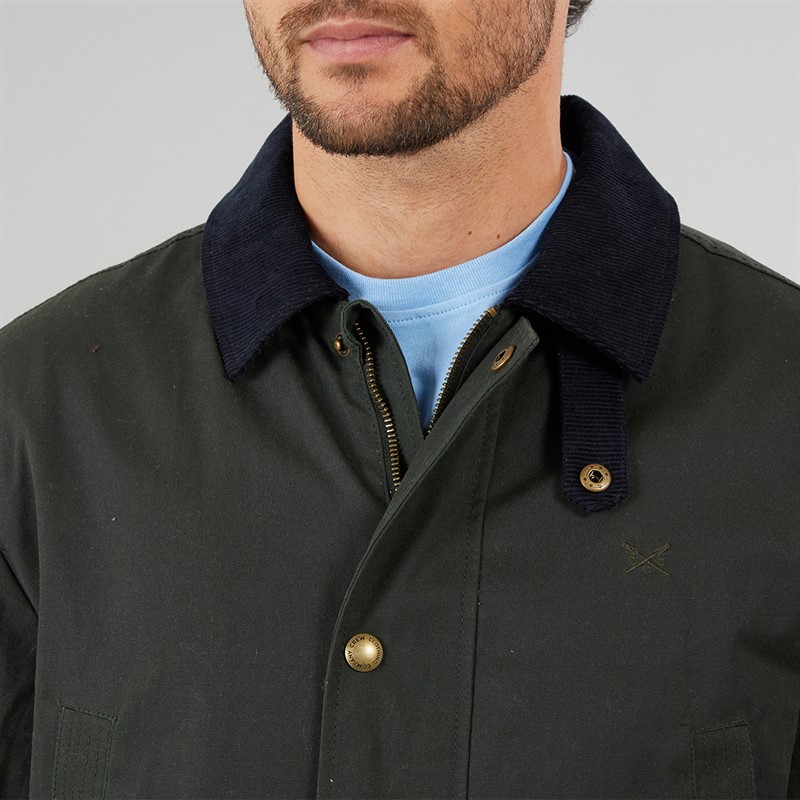 Crew Clothing Mens Wax Jacket With Corduroy Collar Deep Forest