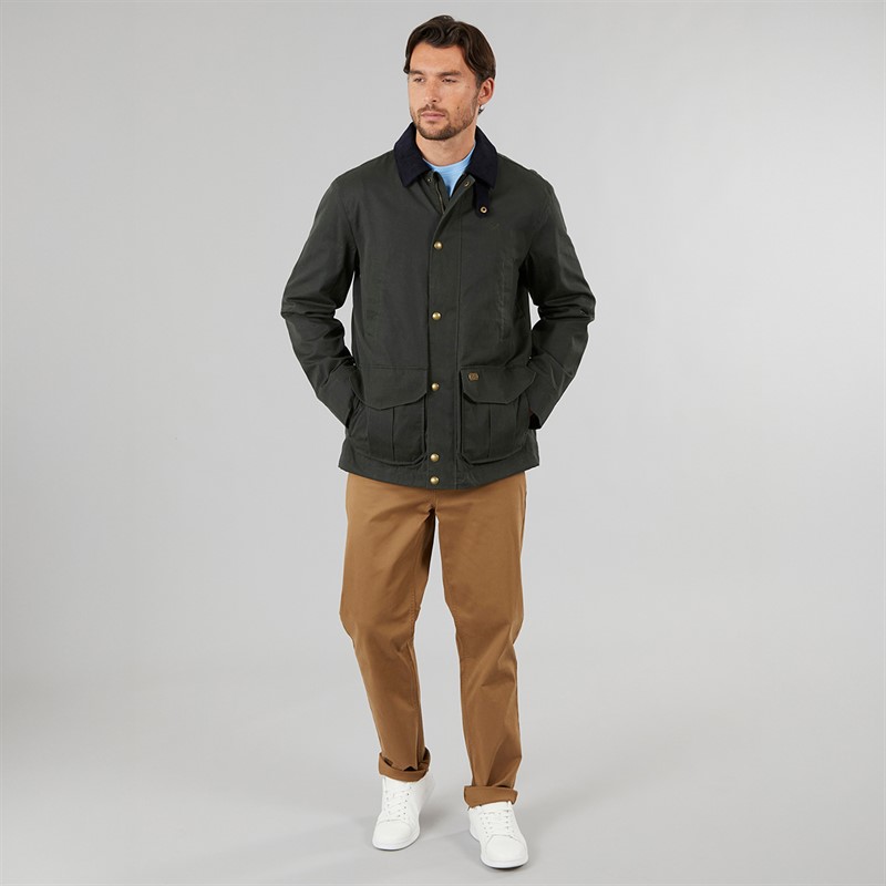 Crew Clothing Mens Wax Jacket With Corduroy Collar Deep Forest