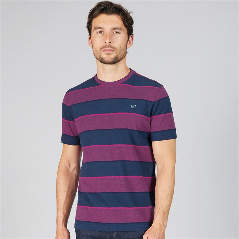 Crew Clothing Mens Oxford Stripe T-Shirt Heritage Navy/Magenta Haze