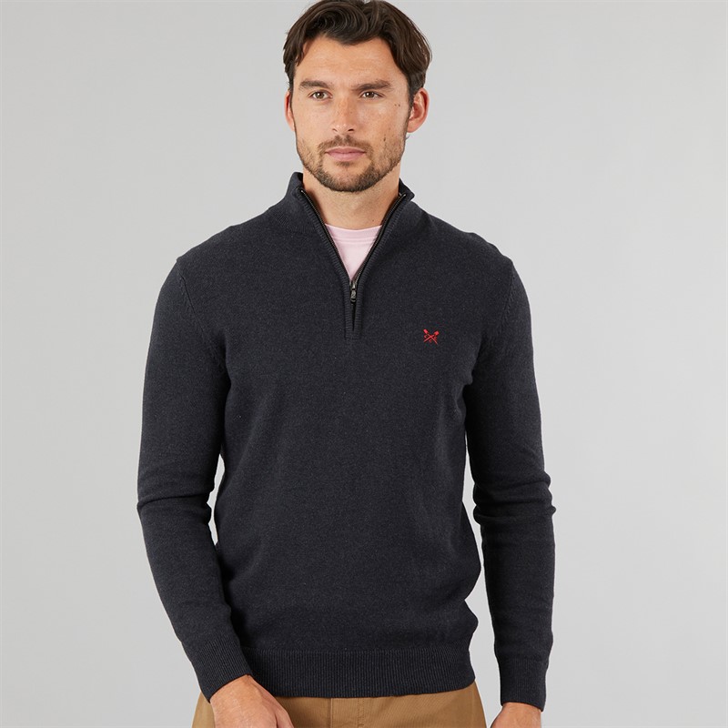 Crew Clothing Mens 1/2 Zip Neck Fine Cotton Jumper Charcoal Marl