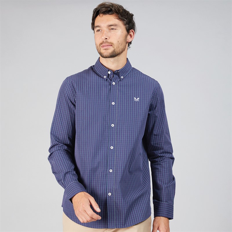Crew Clothing Mens Tattersall Checked Poplin Shirt Heritage Navy/Blue Light - Size L