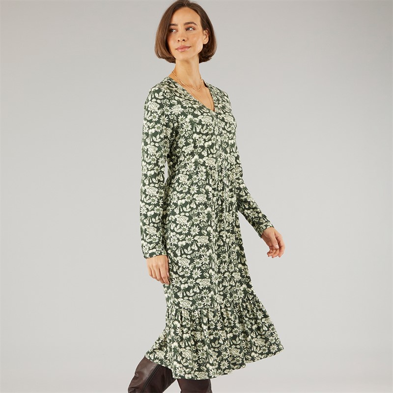 Crew Clothing Womens Nina Jersey Dress Bronze Green Wild Flowers