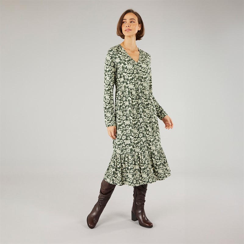 Crew Clothing Womens Nina Jersey Dress Bronze Green Wild Flowers