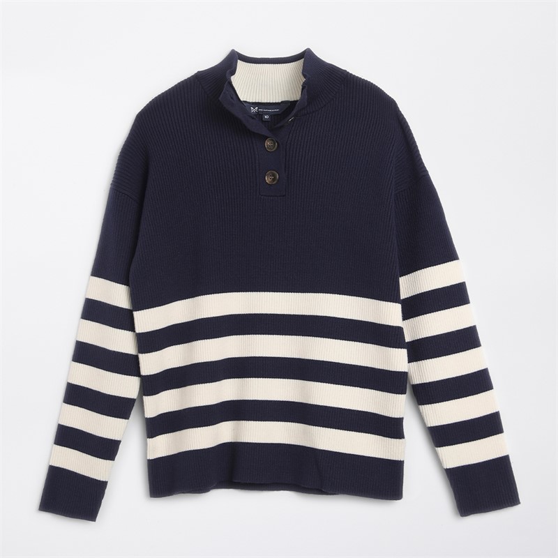 Crew Clothing Womens Button Neck Jumper Navy/Whitelinen