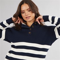Crew Clothing Womens Button Neck Jumper Navy/Whitelinen