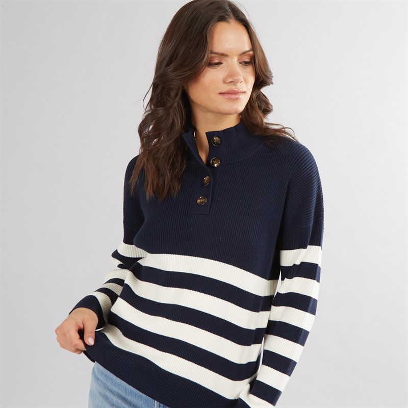 Crew Clothing Womens Button Neck Jumper Navy/Whitelinen