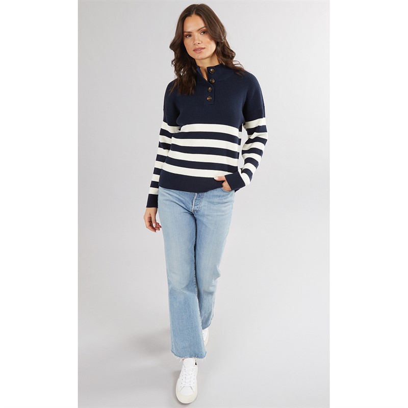 Crew Clothing Womens Button Neck Jumper Navy/Whitelinen