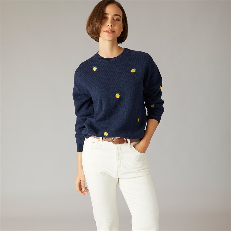 Crew Clothing Womens Fruit Embroidery Jumper Heritage Navy