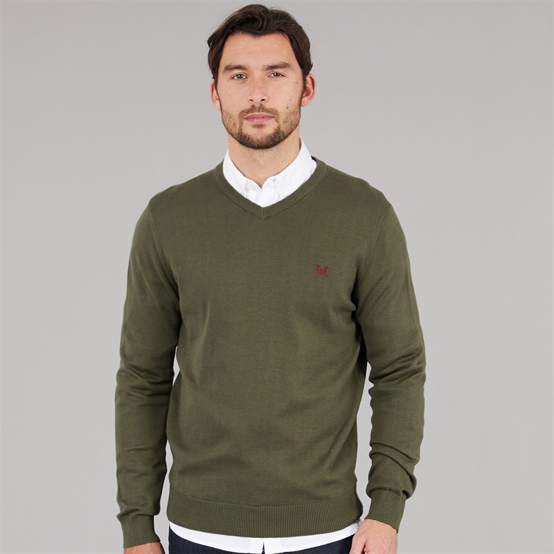 Crew Clothing Mens V-Neck Cotton Jumper Heritage Olive