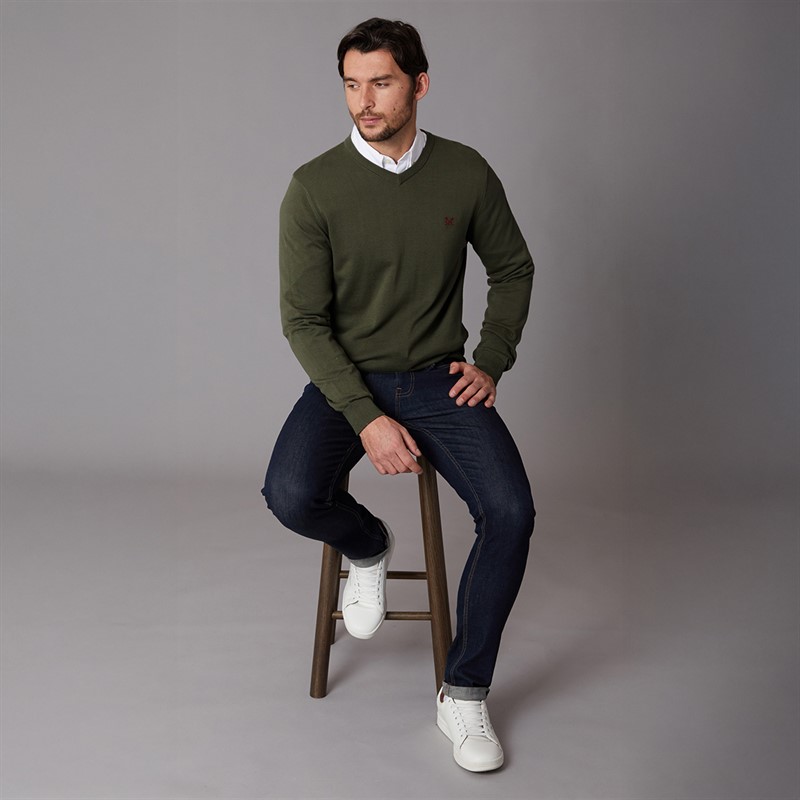 Crew Clothing Mens V-Neck Cotton Jumper Heritage Olive
