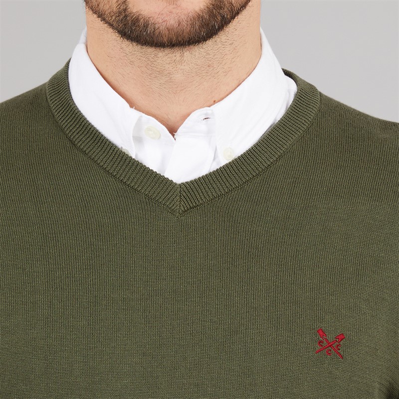 Crew Clothing Mens V-Neck Cotton Jumper Heritage Olive