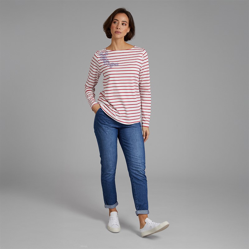 Crew Clothing Womens Breton Embroidered Top White Linen/Crimson White Linen / Crimson