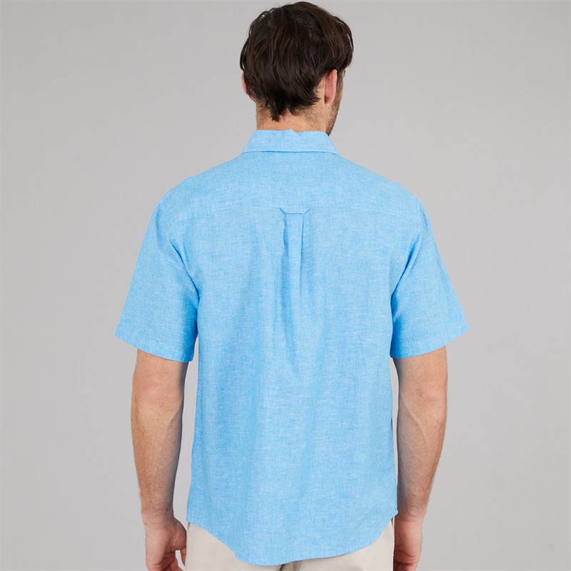 Crew Clothing Mens Classic Fit Short Sleeve Linen Shirt Malibu Blue/Heritage White