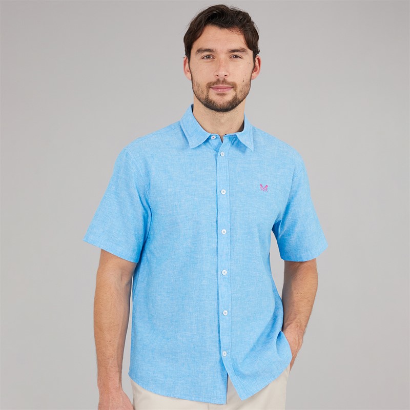 Crew Clothing Mens Classic Fit Short Sleeve Linen Shirt Malibu Blue/Heritage White