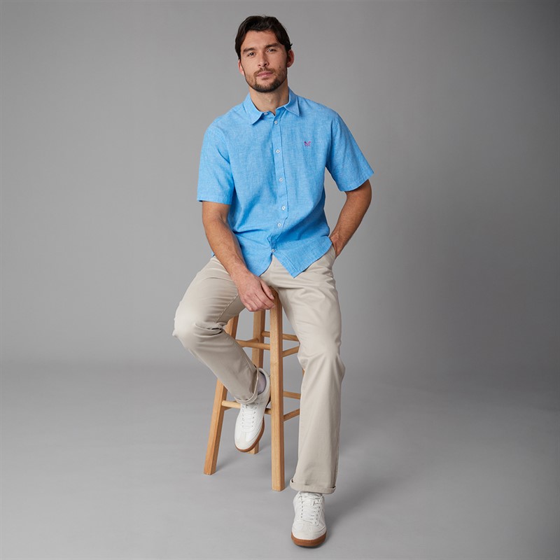 Crew Clothing Mens Classic Fit Short Sleeve Linen Shirt Malibu Blue/Heritage White