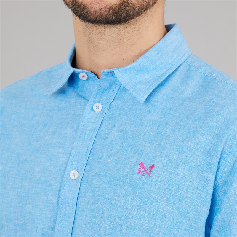 Crew Clothing Mens Classic Fit Short Sleeve Linen Shirt Malibu Blue/Heritage White