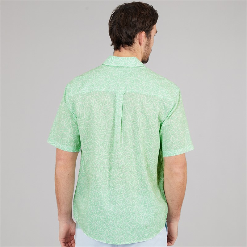 Crew Clothing Mens Short Sleeve Leaf Print Linen Shirt Light Grass Green/Heritage White