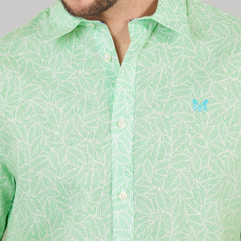 Crew Clothing Mens Short Sleeve Leaf Print Linen Shirt Light Grass Green/Heritage White