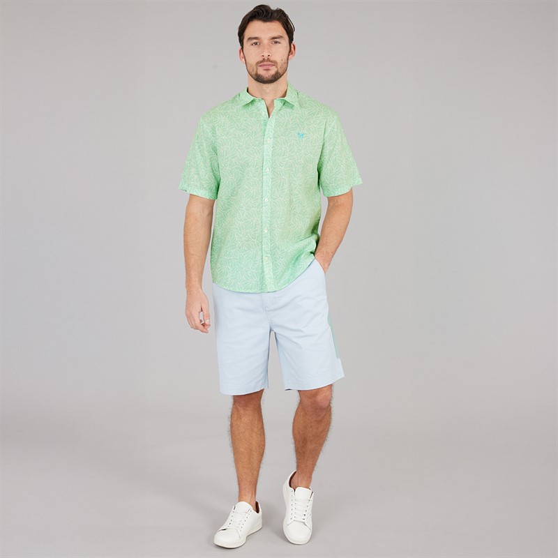 Crew Clothing Mens Short Sleeve Leaf Print Linen Shirt Light Grass Green/Heritage White