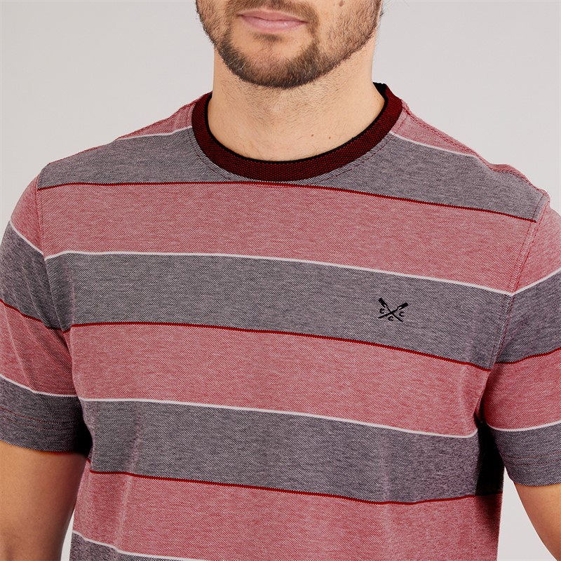 Crew Clothing Mens Oxford Stripe T-Shirt Heritage White/Crimson