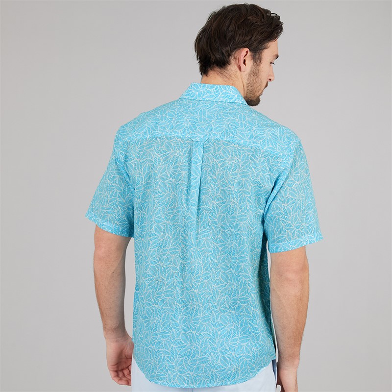 Crew Clothing Mens Short Sleeve Leaf Print Linen Shirt River Blue/Heritage White