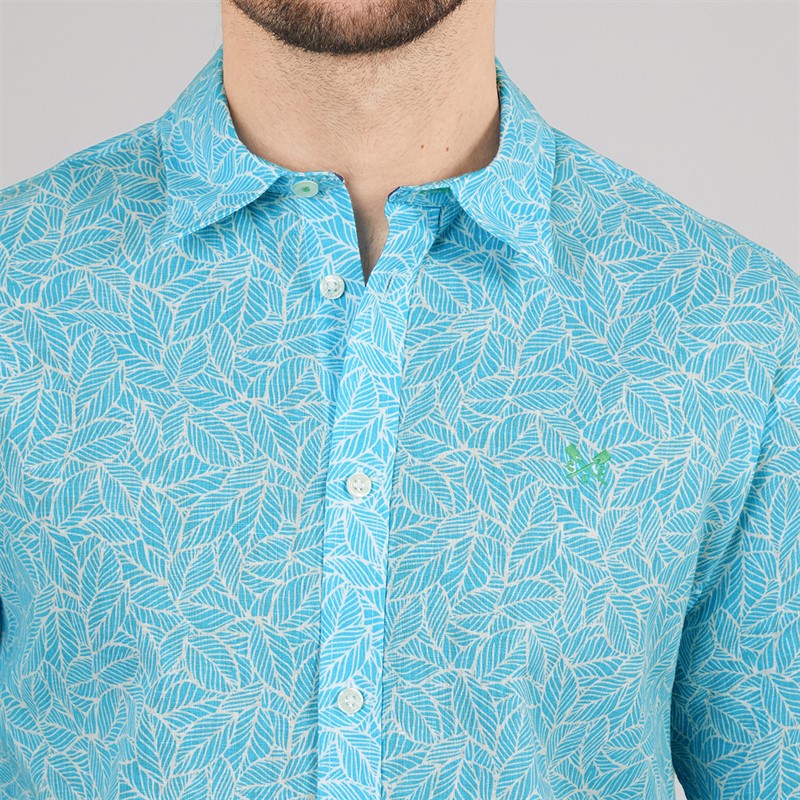 Crew Clothing Mens Short Sleeve Leaf Print Linen Shirt River Blue/Heritage White