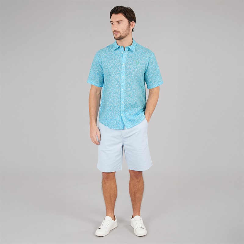 Crew Clothing Mens Short Sleeve Leaf Print Linen Shirt River Blue/Heritage White