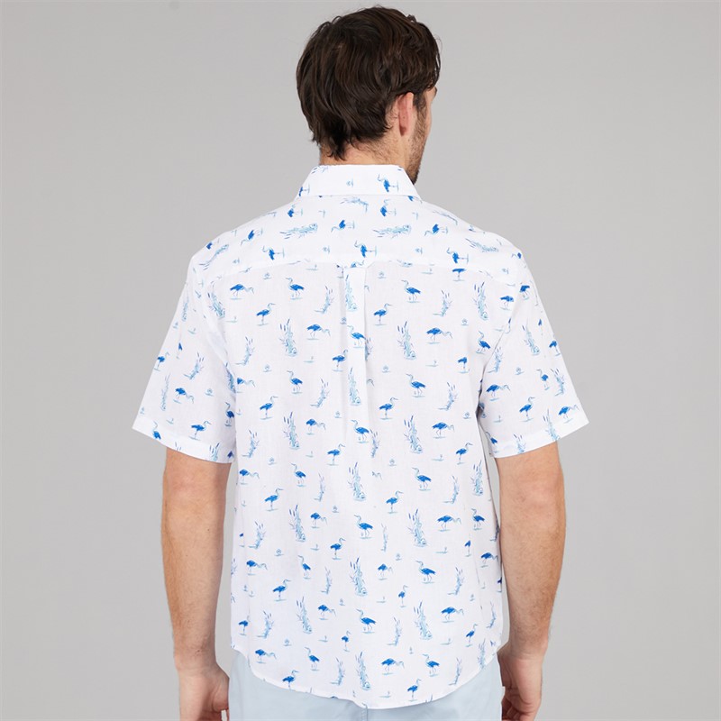 Crew Clothing Mens Short Sleeve Heron Print Linen Shirt Heritage White