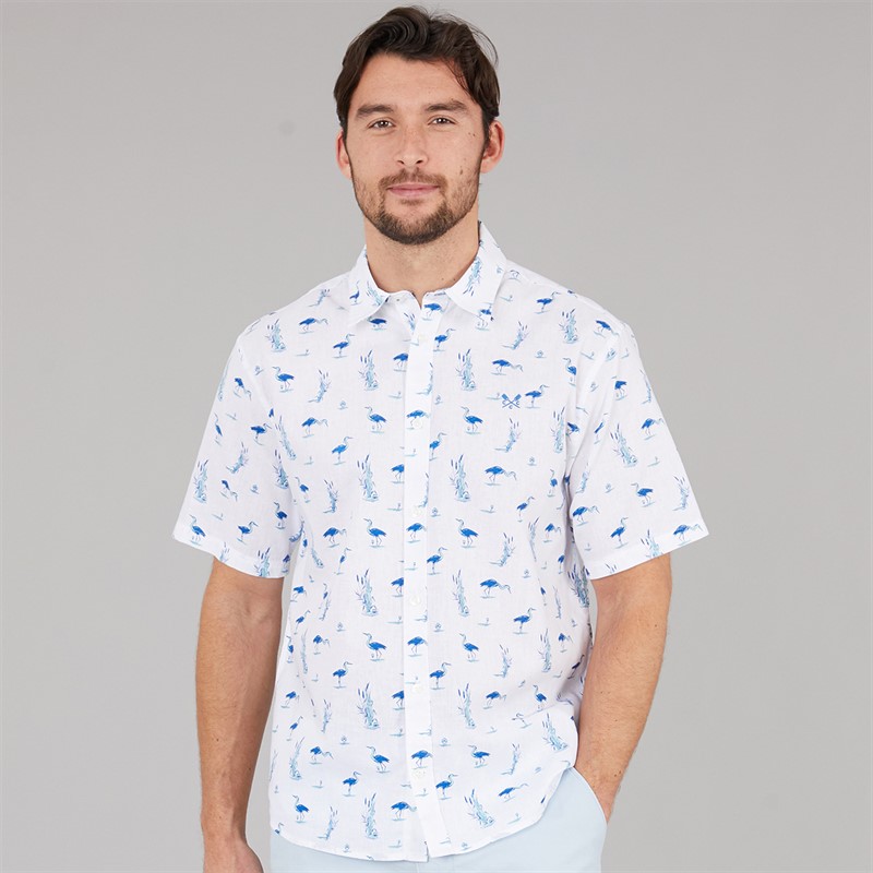 Crew Clothing Mens Short Sleeve Heron Print Linen Shirt Heritage White