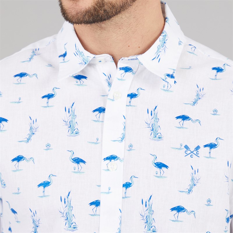 Crew Clothing Mens Short Sleeve Heron Print Linen Shirt Heritage White